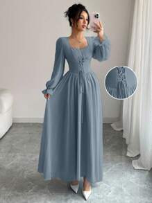 Modelyn Gaun Elegan Gaya Prancis Warna Polos dengan Ikat Pinggang Silang untuk Musim Gugur, Pakaian Liburan Wanita, Biru Muda Pucat - Dusty Blue - View 3