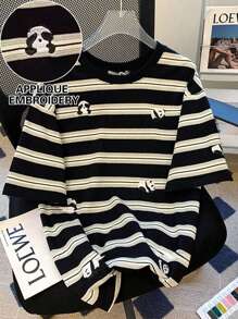 SHEIN Plus Size Summer Casual Colorblock Striped Panda Embroidery T-Shirt