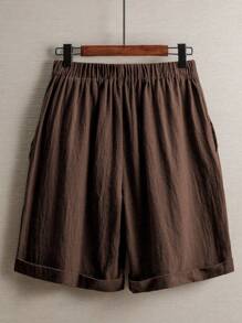 SHEIN LUNE 女士夏季休闲纯色亚麻短裤 - 咖啡棕 - 查看 2