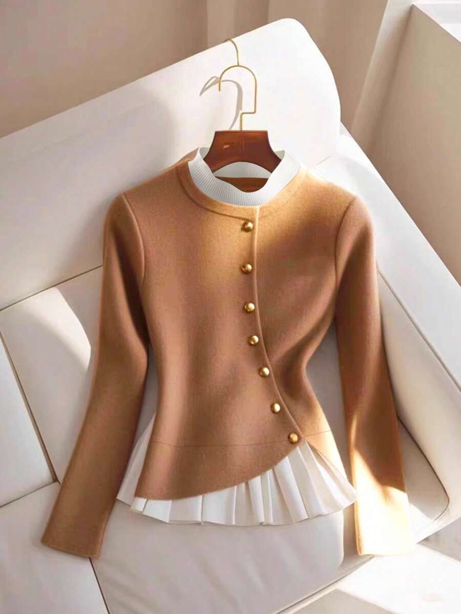 GlowEve Elegante suéter plisado de dos en uno con bloques de color, jersey de punto para otoño/primavera - Caqui - Ver 1