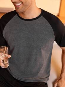 Men's Contrast Color Block Short Sleeve Shorts Pajamas Set - Multicolor - View 5