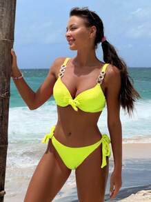 Swim Vcay Solid Texture Design Two-Piece Neon Bikini Set, Bikini Set Outfit Beach Swimwear Bathing Suit Music Festival, Summer Beach - Yellow - View 3