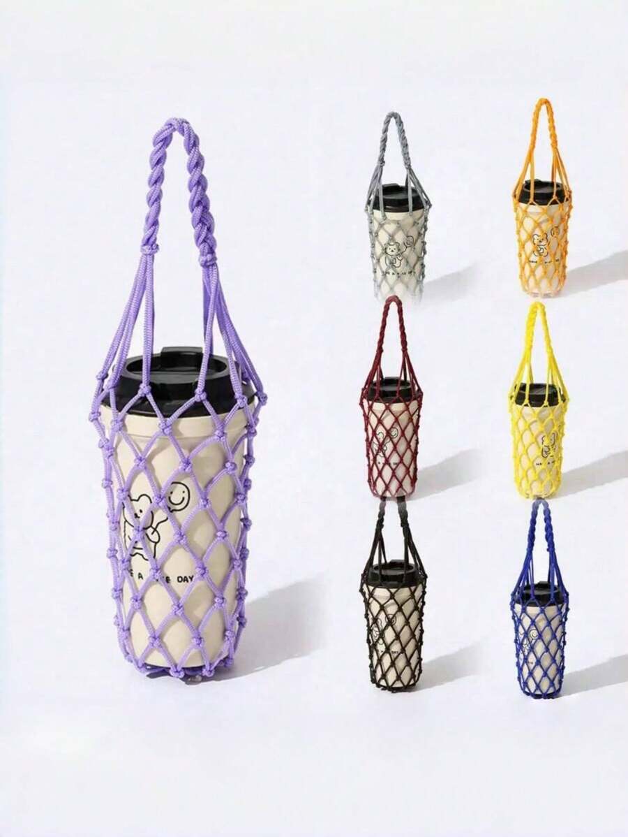 1 Hand-Woven Mesh Bag, Reusable Beverage Carrier, Coffee Cup Stand, Beverage Handbag, Decorative Mesh Bag - Multicolor - View 1