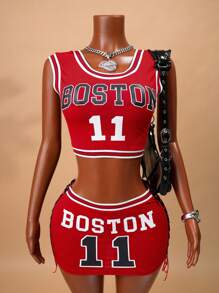 BamGleam Summer Sexy Letter Print Cropped Tank Top & Criss-Cross Strap Mini Skirt Set