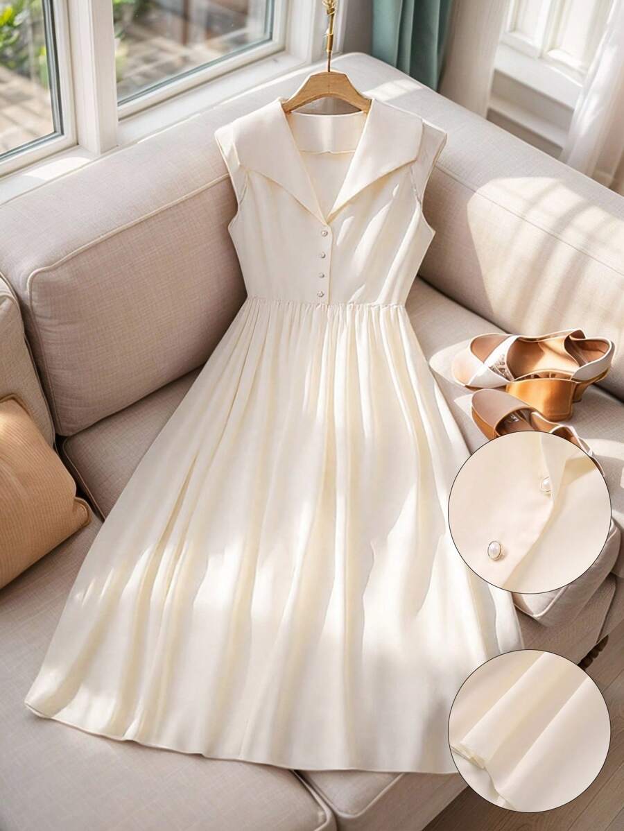 SHEIN Clasi Vestido midi de mujer de talla grande, de unicolor, diseño con botones en el cuello, sin mangas, de cintura alta y estilo vintage