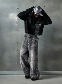NEON BLANC Men's Retro Vintage Faded Wide Leg Jeans - Grey - View 7