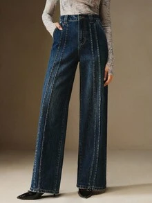 Anewsta Jeans rectos y sueltos de estilo casual con diseño de bolsillos de palillo para mujeres