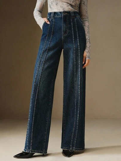 Anewsta 女式牙签设计口袋直筒宽松休闲牛仔裤