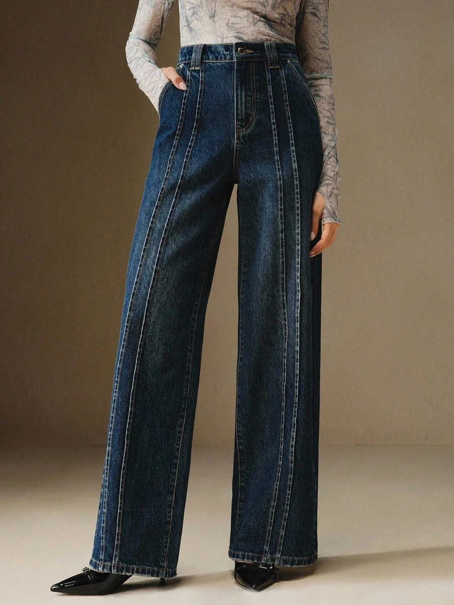 Anewsta Jeans rectos y sueltos de estilo casual con diseño de bolsillos de palillo para mujeres