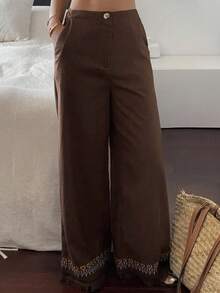 DAZY Contrast Color Drawstring Fringe Trim Casual Vacation Wide Leg Pants, Women Autumn Long Trousers - Brown - View 3