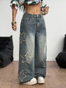 Coolane Quần Jeans Nữ Rapper Athleisure Grunge Star Pattern Washed - Màu xanh lam - Xem 6