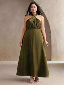 Anewsta Vestido elegante plus size verde com cintura marcada e decote halter, fluido, vestido slim de alta qualidade para o verão, férias, casual, elegante, festival, convidado de casamento - Verde - Ver 6