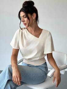 Firerie New Minimalist Fashion Commuter Asymmetric Neckline Short Sleeve Pullover Blouse, Slim Fitting