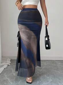 Selianne Váy bút chì dáng ôm in họa tiết tie-dye lưới cho nữ, xẻ tà, có dây rút - Màu xanh hải quân - Xem 4