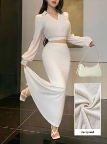 Modelyn 2 件套女式纯色长袖短款上衣和鱼尾下摆半身裙套装 - 米色 - 查看 2