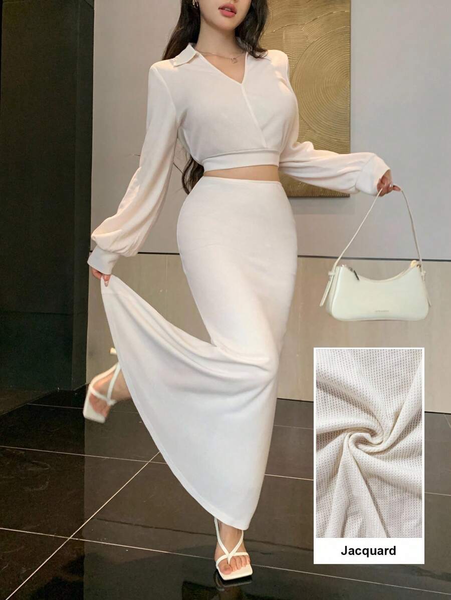 Modelyn 2 件套女式纯色长袖短款上衣和鱼尾下摆半身裙套装