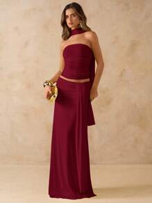 SHEIN BAE 2 件套女士纯色粉色褶皱抹胸上衣和低腰褶皱荷叶边长裙，沙滩装，夏季服装，波西米亚风格露背连衣裙，音乐会礼服，伴娘礼服 - 酒紅色 - 查看 4