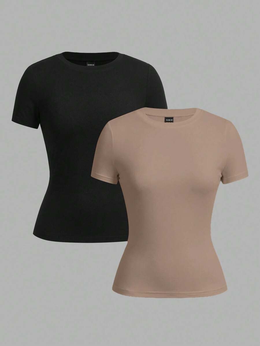 SHEIN EZwear 2 件套休闲简约黑色和卡其色短袖圆领基本款 T 恤，春夏 - 彩色 - 查看 1