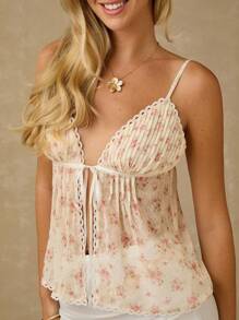 Enchnt Spring/Summer Romantic Women's Apricot Floral Printed Lace Trim Pleated Chest Bowknot Backless Camisole Top,Sweet&Elegant&Fashionable For Vacation&Date&Holiday&Party&Graduation&Wedding Guest,Summer Tops For Women,Summer Clothes