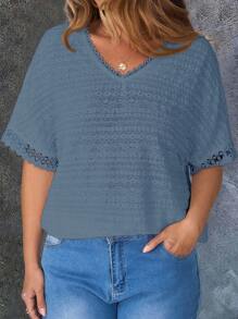 EMERY ROSE Plus Size Women Summer Casual Solid Color Textured Batwing Top,Country Casual Vacation,Simple And Fashionable For Everyday Wear,Summer Tops Women,Vacation Summer Office Wear, Vacation, Summer Festival Boho,Holiday