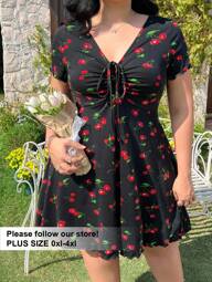 Solflare Vestido de línea A con cintura fruncida y estampado de cerezas, tela elástica, para primavera/verano, talla grande