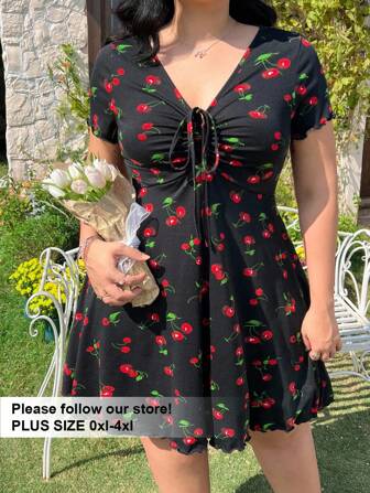 SHEIN EZwear Plus Size Cherry Print Ruched Waist A-Line Dress, Stretchy Fabric, Spring/Summer