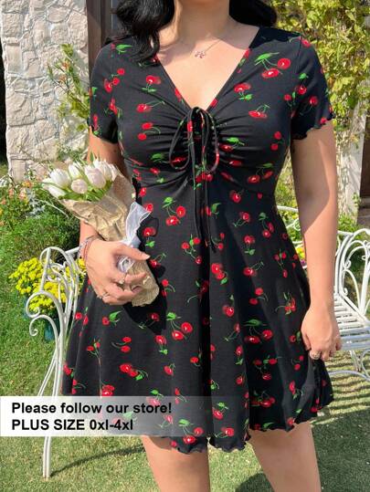 SHEIN EZwear Plus Size Cherry Print Ruched Waist A-Line Dress, Stretchy Fabric, Spring/Summer