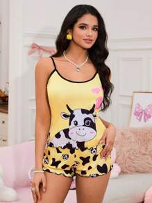 Casual Multicolor Spaghetti Strap Pajama Set With Textured Pattern For Relaxation - Multicolor - View 1