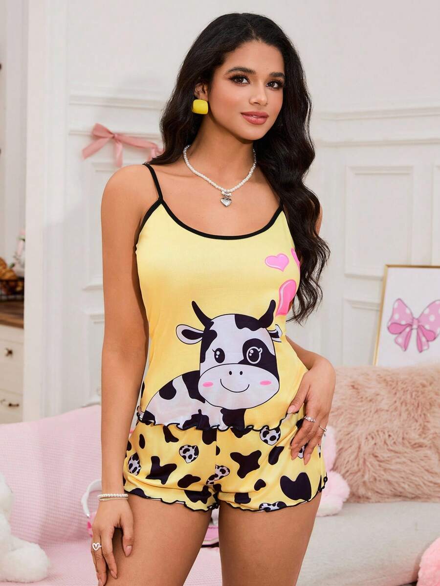 Casual Multicolor Spaghetti Strap Pajama Set With Textured Pattern For Relaxation - Multicolor - View 1