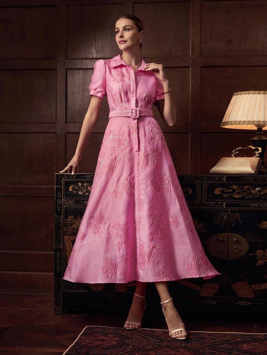 ZEYLAH Women's Floral Jacquard Puff Sleeve Elegant Long Shirt Dress - Pink - View 1
