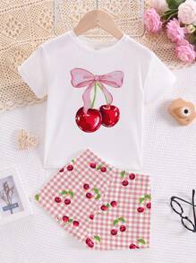 SHEIN 青少年女孩休闲蝴蝶结樱桃和格子樱桃印花短袖短裤睡衣套装，夏季 - 彩色 - 查看 2