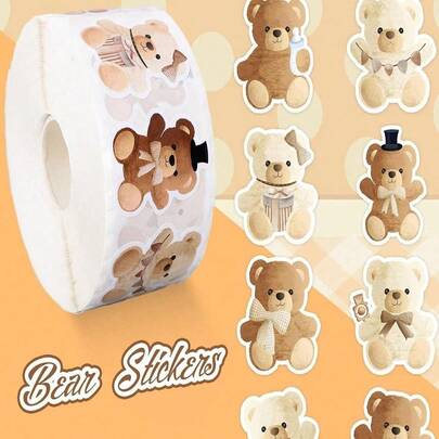 SHEIN 500 pièces/rouleau Autocollants mignons de bandes dessinées d'ours - Autocollants de récompense animaux adhésifs pour journaux, agendas et scrapbooks, décoration de papeterie amusante, étiquettes de cadeaux DIY et fournitures de retour à l'école (styles multiples)