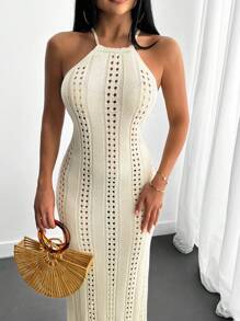 CLARA VERO Vestido midi tipo cubrecuerpo con cuello de halter y diseño hueco, estilo de playa para uso en verano