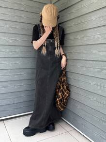 FRIFUL 女式休闲水洗加长牛仔连衣裙 - 黑色 - 查看 4