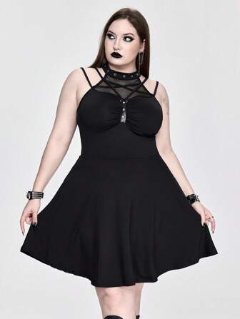 Vestido mini de línea A con estilo punk, calado y parches para mujer