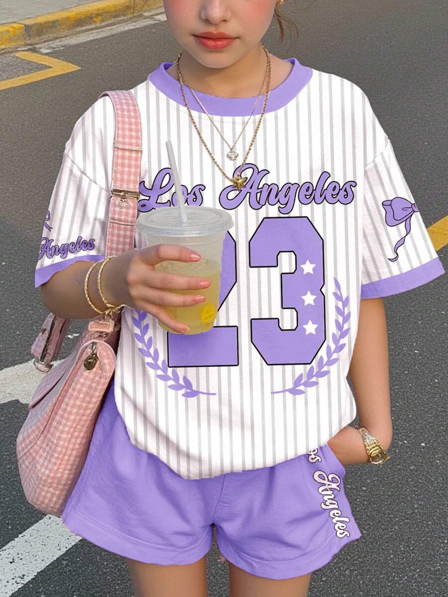 SHEIN Leap Crew 青少年女孩白色夏季牛仔風返校休閒極簡短袖上衣與短褲兩件套,青少年棒球風運動服飾 - 彩色 - 查看 1