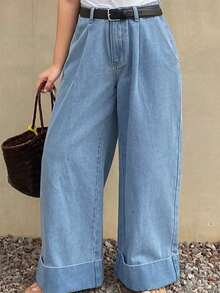 Dazy Plus 宽松阔腿卷边白色直筒长牛仔裤，四季皆宜 - 淺色水洗藍 - 查看 1