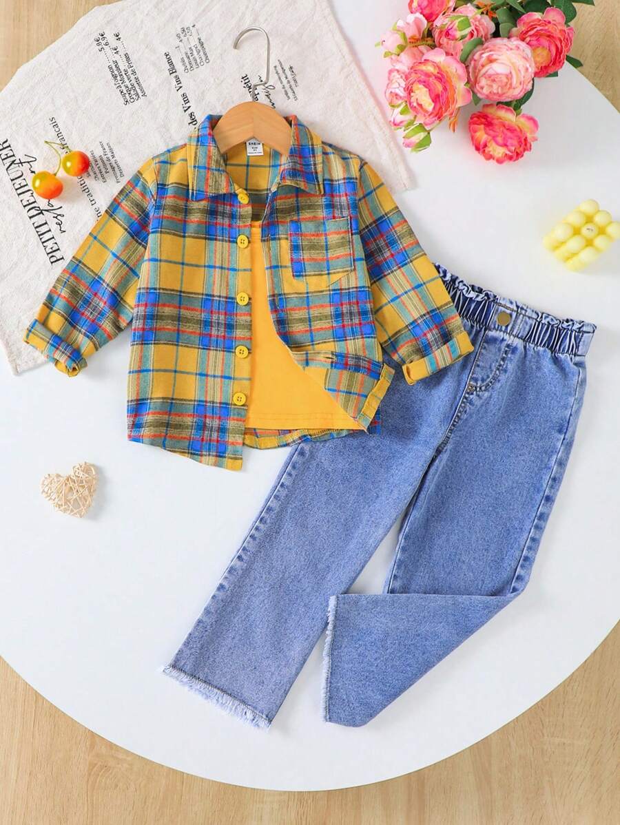 Conjunto de 3 piezas para niñas: chaqueta a cuadros, top amarillo y pantalones vaqueros de pierna ancha, conjunto de ropa casual de otoño para la escuela - Amarillo - Ver 1