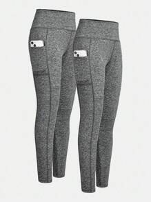 SHEIN Girlism 青少年女孩舒适贴身休闲简约舒适百搭手机袋紧身裤，1 套 - 灰色 - 查看 2