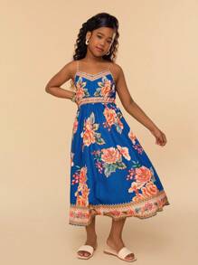 SHEIN Tween Girls Floral Print Woven Casual Spaghetti Strap Dress - Blue - View 1