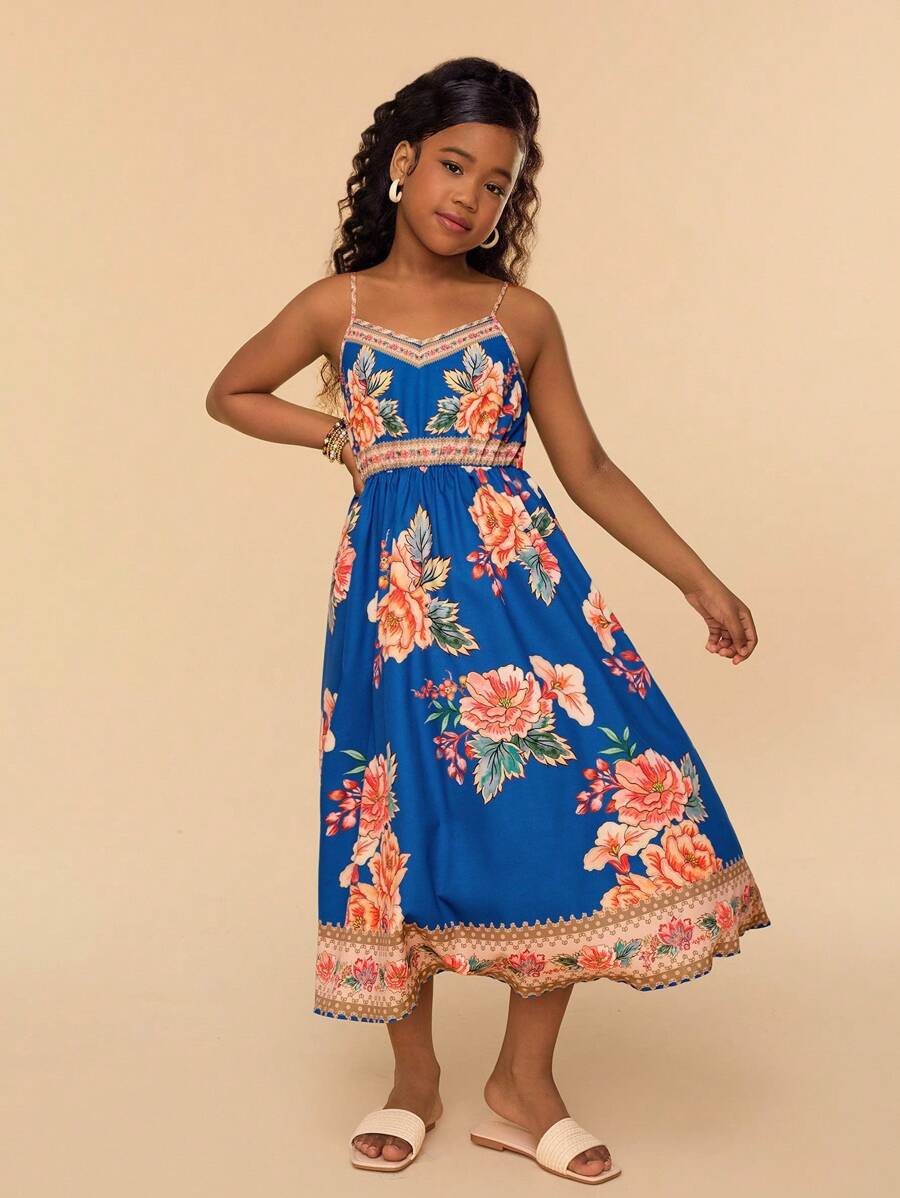 SHEIN Tween Girls Floral Print Woven Casual Spaghetti Strap Dress - Blue - View 1
