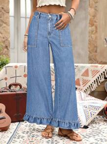 EMERY ROSE Plus Size Denim Vacation Style Frill Trim Wide Leg Pants - Medium Wash - View 6