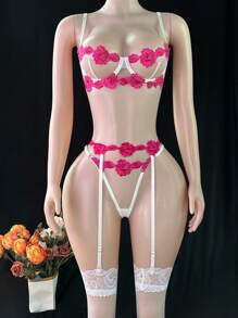 Snug Zone Conjunto de lencería sexy con bordado floral de malla y aros para salir - Multicolor - Ver 6