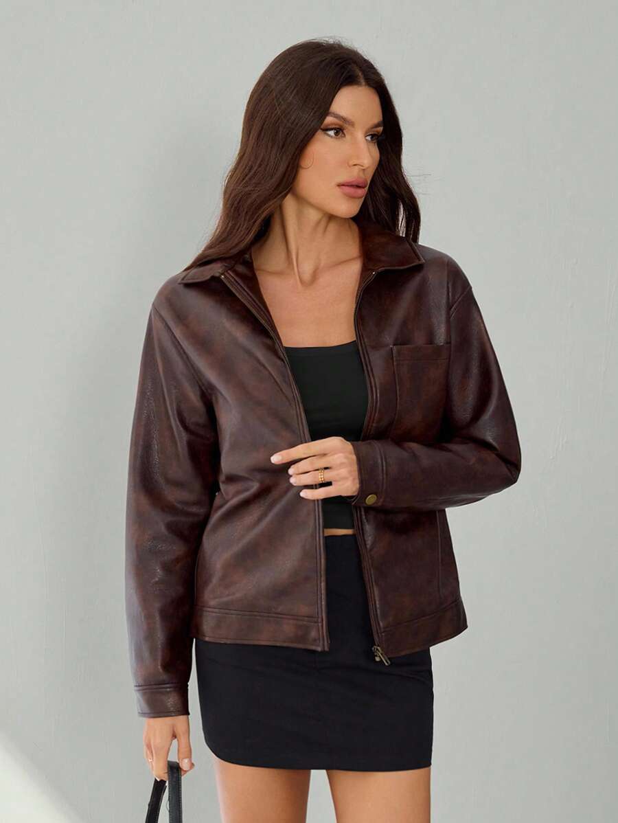 SHEIN Tall 女士纯色拉链休闲百搭长袖夹克，棕色仿皮斑驳纹理夹克，复古冬季夹克 - 咖啡棕 - 查看 1