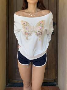 Sunnyshic Áo nỉ dài tay dáng rộng in hình bướm 3D cho nữ mùa thu - trắng - Xem 1