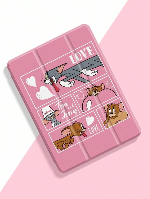 TOM & JERRY X SHEIN Letter & Cartoon Pattern Pink Cute Pad Case