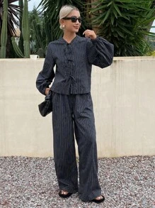 Livesso 女士条纹系腰上衣和宽松裤子两件套 - 藏蓝色 - 查看 4