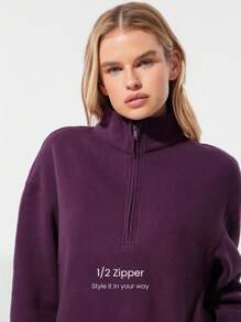 GLOWMODE 日常羊毛宽松齐臀半拉链长袖运动衫，带侧袋，日常休闲秋冬 - 櫻桃可樂 - 查看 3