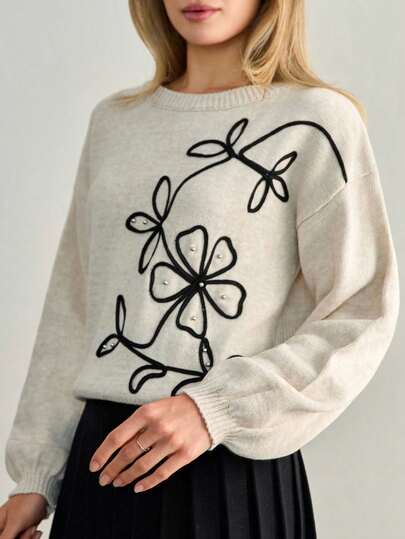 SHEIN Tall Flower Embroidery Studded Detail Drop Shoulder Oversize Sweater,Jumper,Cream Jumper,Jumpers For Women,Jumpers,Black Jumper,Women's Jumper,White Jumper,Women's Jumper,Women's Jumpers,Winter Clothes, Tall Women