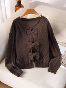 CosyJoli Plus Size Women's Brown Bow Collar Cardigan Knitted Sweater, Casual Commute Wear, Comfortable, Autumn/Winter Brown Tie Front Sweater Bow Women Sweater Brown Sweater Brown Cardigan Bow Sweater Fall